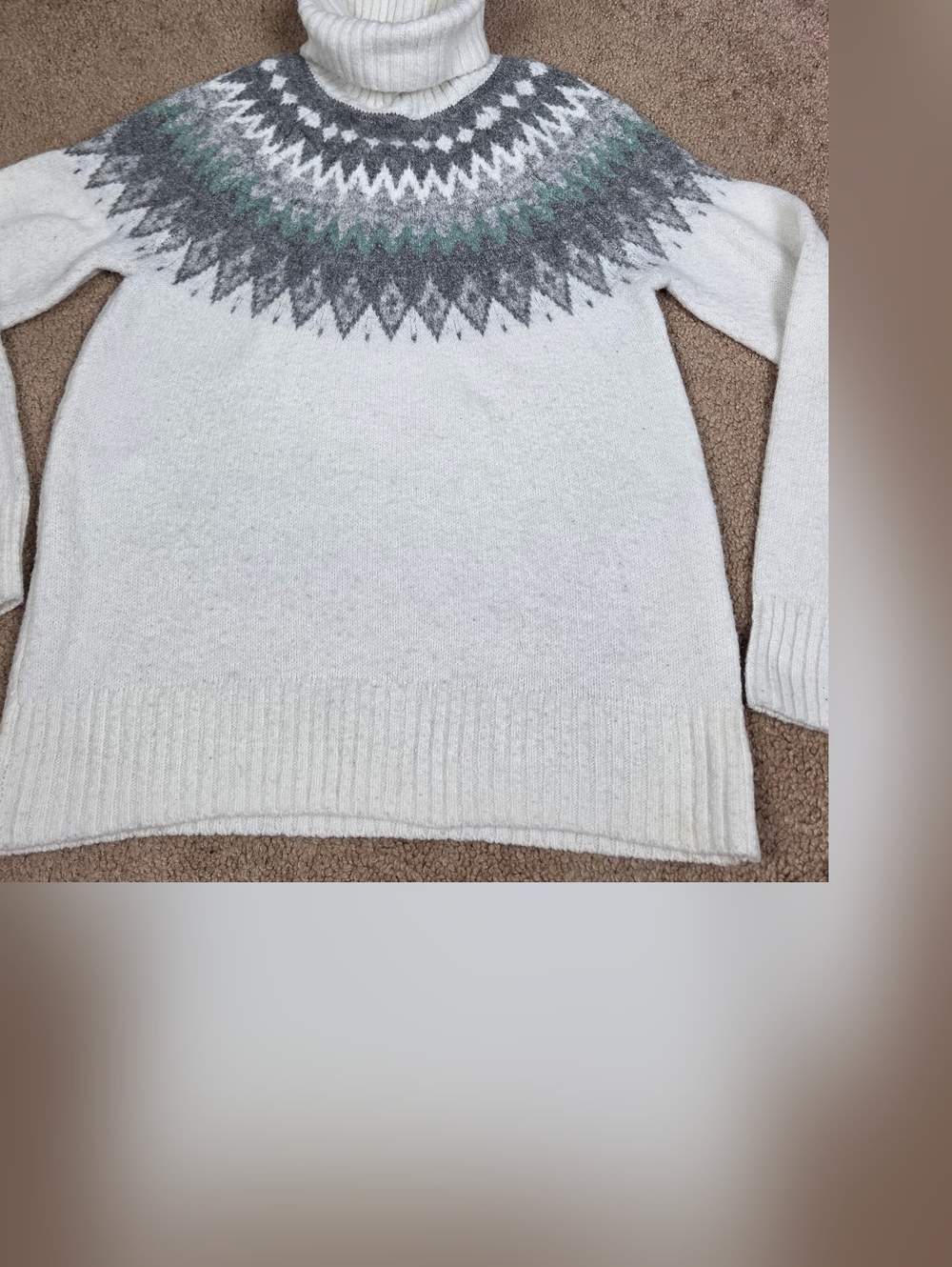 Cozy Cream Fair Isle Turtleneck Sweater with Gray & Green Yoke